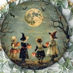 Vintage Style SIGN Halloween Witch Ttick or Treators Pumpkin Moon Bats Children